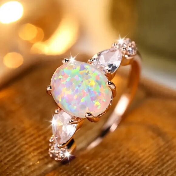 White Oval Shaped Opal Rings Ethiopian Fire Opal Engagement Ring 14K Gold plated - Picture 5 of 5